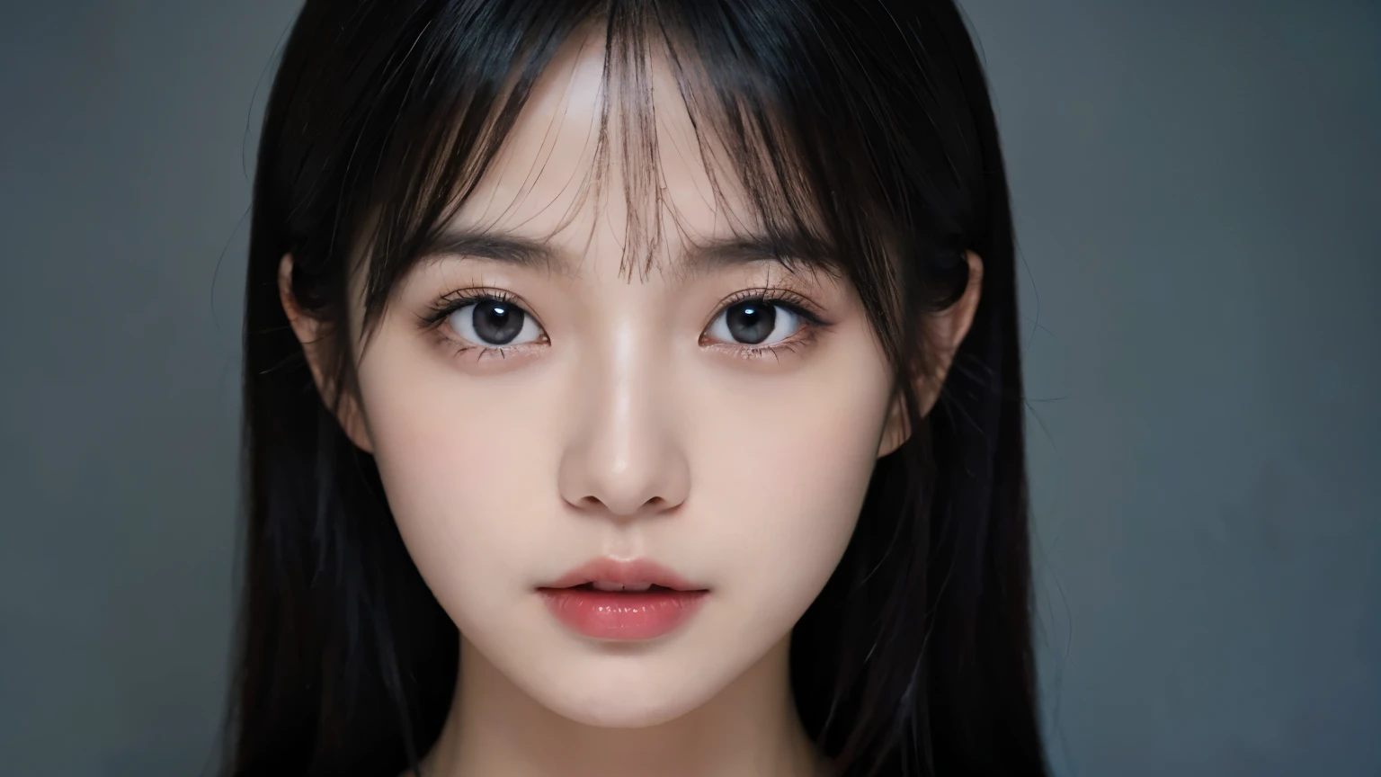 bewitching eyes, well-balanced eyes, mouth closes//background is white //wearing black clothes //chest focus, ((Face-to-face audience)), /japanese woman, white skin, medium hair, black hair, dark blue hair, dull bangs,//((Are standing)), high quality:1.3, professional lighting:2.0 realistic:1.2, 4K resolution, fine skin, masterpiece:1.1