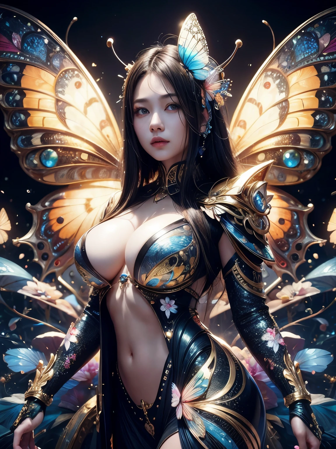 (high quality), (masterpiece), (detailed), 8K, Hyper-realistic depiction of a Japanese girl as a futuristic character, adorned with intricate butterfly motifs. Meticulous attention to detail captures the fusion of futuristic elements with the delicate beauty of butterflies, creating a visually stunning composition. Trending on Artstation.