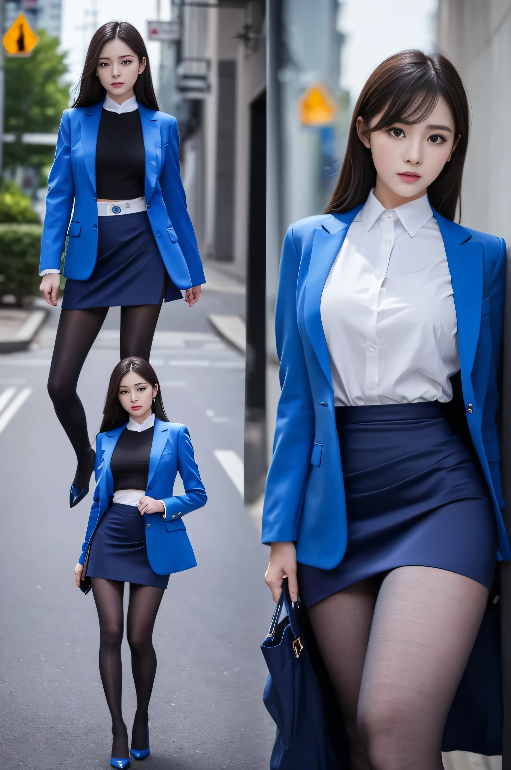 Best Quality、Top image quality、Ultra HD Images、((1 woman、View photographer))、((Well-formed face、Actress face、Model face))、 Back Pose、 back-view, Waist - Waist up shot、Portrait from below and from behind、((Blue suit、Blue tight skirt、Black pantyhose))、((Perfect limbs))