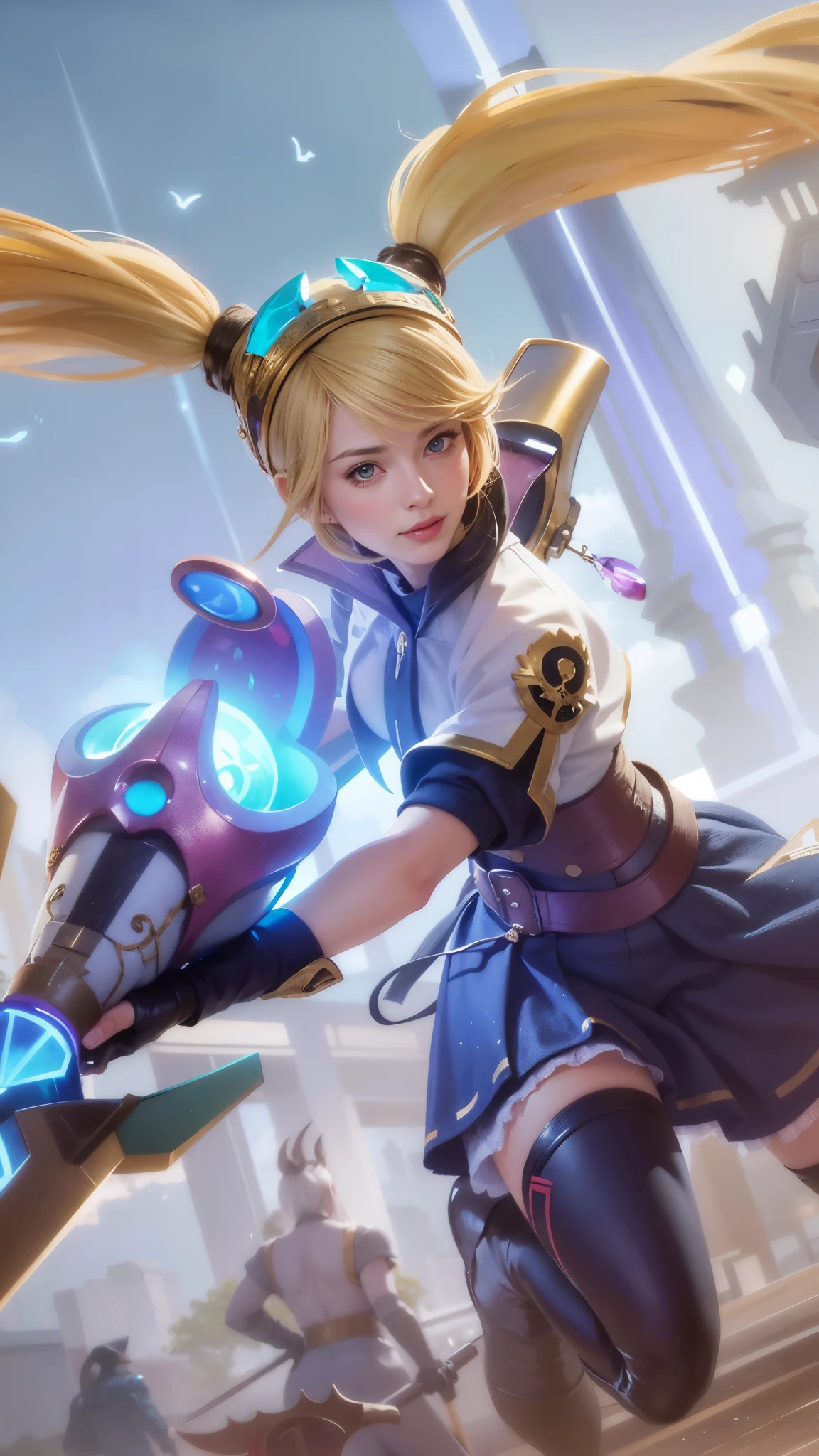 (female:1.2), 8k, ultra hd, ultra detailed texture, hyper realistic, masterpiece, detailed texture, detailed face, detailed skin, detailed lighting, (photorealistic:1.5), best quality, beautiful lighting, cinematic lighting, professional lighting, ultra highres, realistic, detailed hair, real hair, high quality, (realskin:1.5), extremely detailed, finely detail, ultra-detailed, 1girl, solo, standing, demon horns, forehead protector, blue eyes, v-shapped eyebrow, make up, pretty, beautiful, long hair, brown hair, high ponytail, black armor, pauldrons, bare shoulders, shoulder armor, thigh high, depth of field, white skin, skin tight, amazing pose, outdoors, glowing, very detailed, close-up shot of a woman with a gun in her hand, smile, cute face