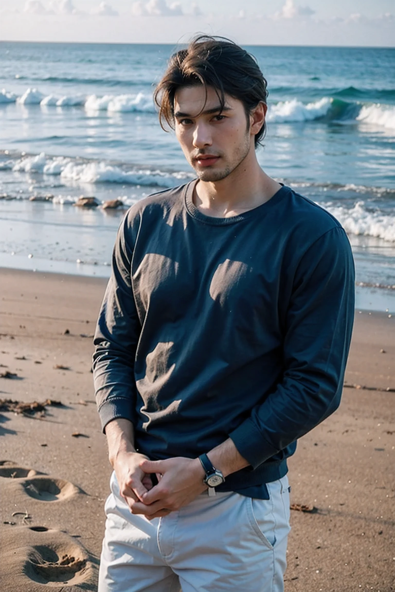 Realistic photography, handsome man ,beach