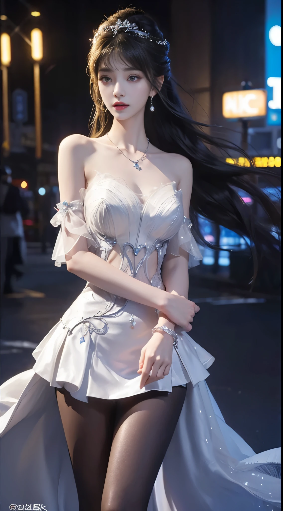 ((whole body)), ((from below)), ((gufeng,bare shoulders)), clear face, pretty face, 8k, masterpiece, original photo, best quality, detail:1.2,lifelike, detail, Very detailed, CG, unity, wallpaper, depth of field, movie light, lens flare, Ray tracing, (extremely beautiful face, beautiful lips, beautiful eyes), complicated, detail的脸, ((ultra detailed skin)), 1 girl, in the darkness, deep shadow, beautiful korean girl, kpop idol,(Very slim figure:1.3), plump breasts, Slender sexy legs, elegant posture, (bright smile), (City night, (neon lights), (night), beautiful korean girl, white diamond earrings, diameter bracelet, Dia Necklace, clear eyes, facing forward, (big eyes)