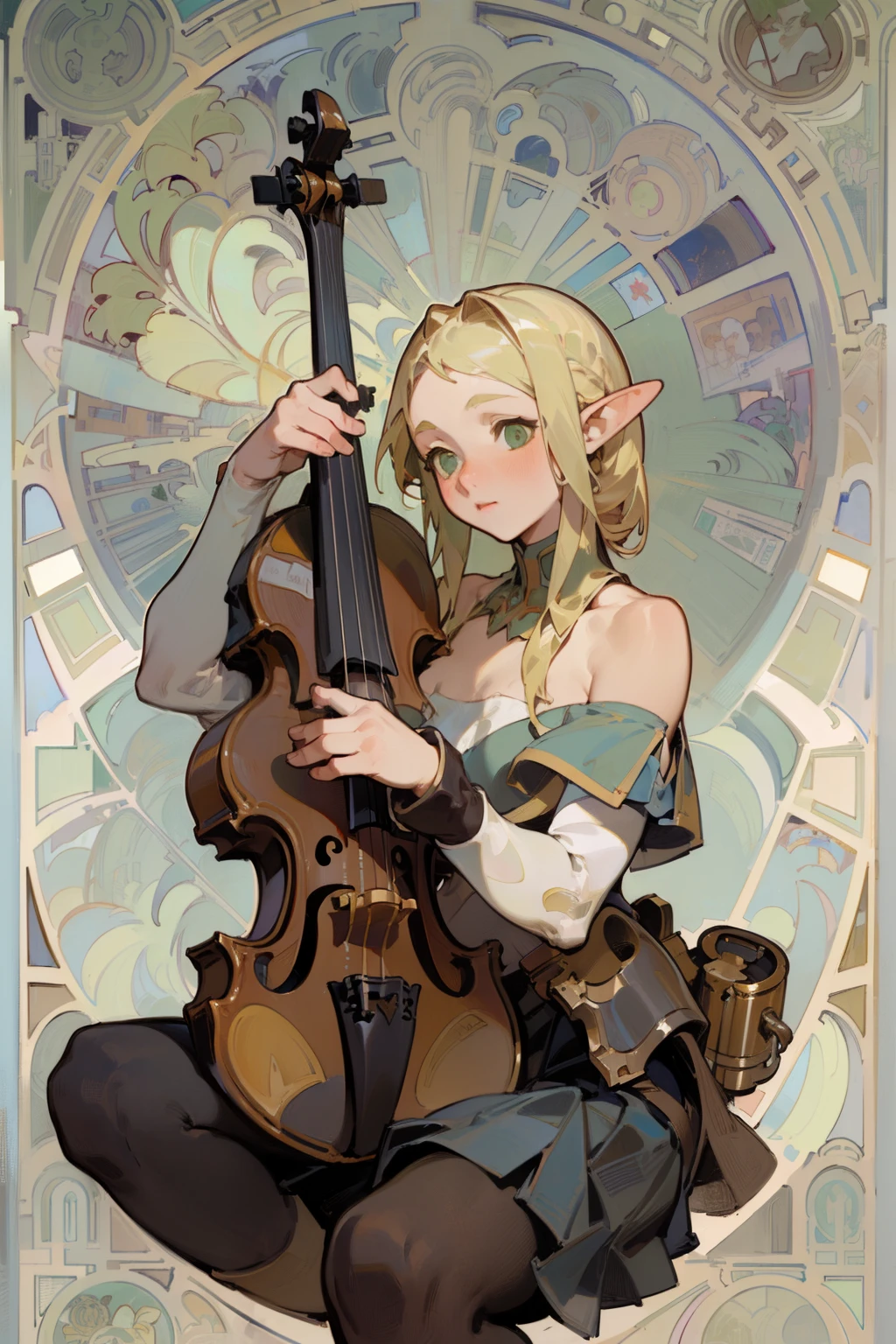 (masterpiece, best quality) detailed, Wearing black tights, silver accessories , blonde ,elegant, pointed ears ,(((Alphonse Mucha's artwork))), contour , bare shoulders, pleated skirt,night,dark night,Star,playing violin