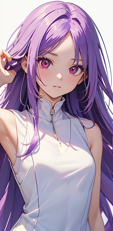(8K、highest quality、masterpiece:1.2)、anime coloring、super resolution、Realistic、(1girl) 、(purple gradient hair)、long straight hair,(red eyes)、(forehead:1.2),(face focus,upper body),(white sleeveless dress :1.5)、(clear face:1.3),(cute face)、,small breasts