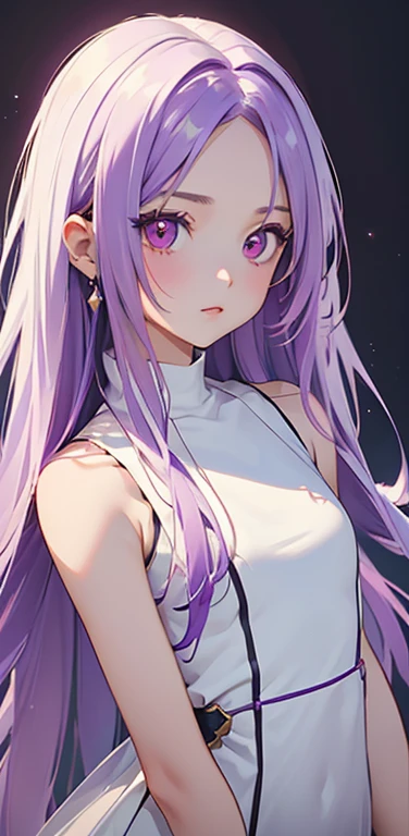 (8K、highest quality、masterpiece:1.2)、anime coloring、super resolution、Realistic、(1girl) 、(purple gradient hair)、long straight hair,(red eyes)、(forehead:1.2),(face focus,upper body),(white sleeveless dress :1.5)、(clear face:1.3),(cute face)、,small breasts