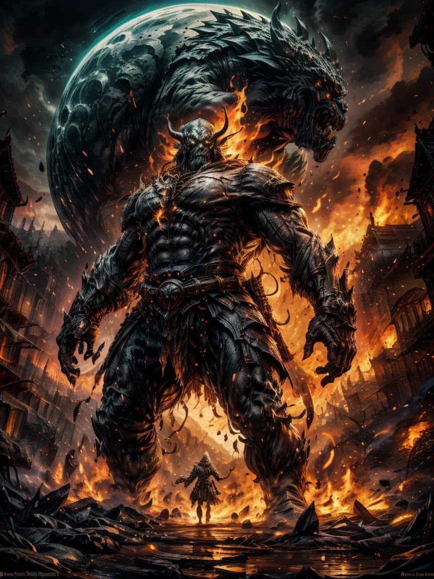 fantasy art,RPG art,((1 Giant Creature)), Standing in the town square of Elf City, There's a giant creature of epic size,Giant creatures have magic runes on them,Many streams of water entwine in the fire,Giant Creature和火与水流结合在一起,night,moon rising,lifelike,8k,RAW,Award-winning,(best details:1.5),masterpiece,best quality,(Ultra-detailed),whole body,ultra wide angle lens,Fantz cartoon monster