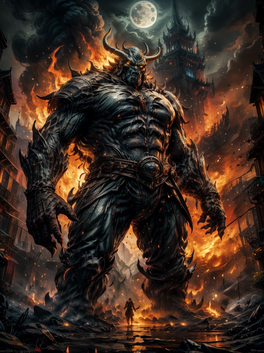 fantasy art,RPG art,((1 Giant Creature)), Standing in the town square of Elf City, There's a giant creature of epic size,Giant creatures have magic runes on them,Many streams of water entwine in the fire,Giant Creature和火与水流结合在一起,night,moon rising,lifelike,8k,RAW,Award-winning,(best details:1.5),masterpiece,best quality,(Ultra-detailed),whole body,ultra wide angle lens,Fantz cartoon monster