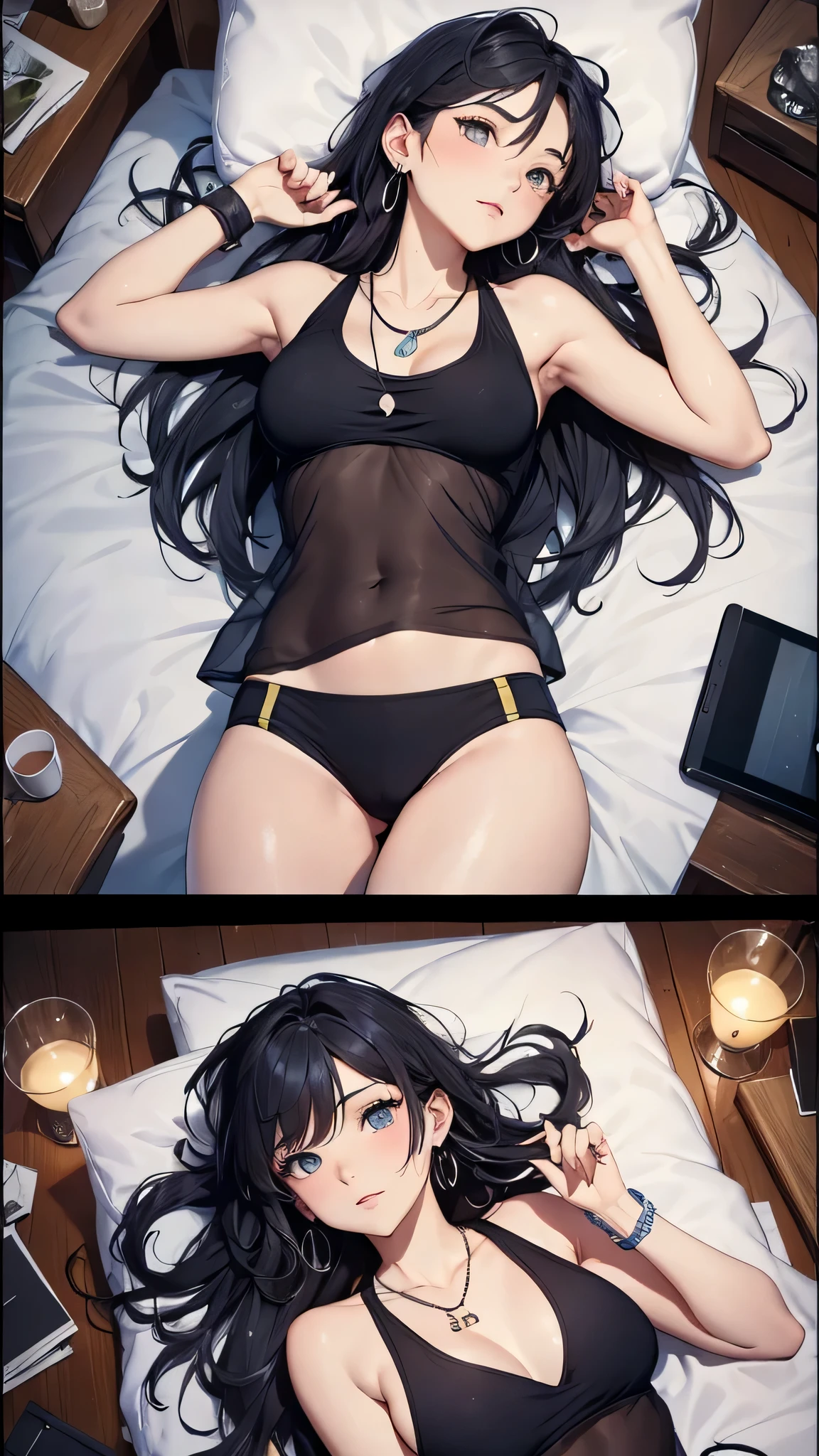 最high quality、best image quality、masterpiece、girl((20-year-old、 By becoming、vest bust、medium bust,wide open breast tea、shining eyes, neon hair、long hair、thin,highest valley、black tank top、blue pants、full body tattoo,diamond earrings、Wristband、necklace,sleep in bed,lie)),high quality、beautiful art、background((Beautiful hotel room))、Flight、debris flies、Depth of written boundary、movie、visual art、perfect art、8k,genuine、Top-down perspective
