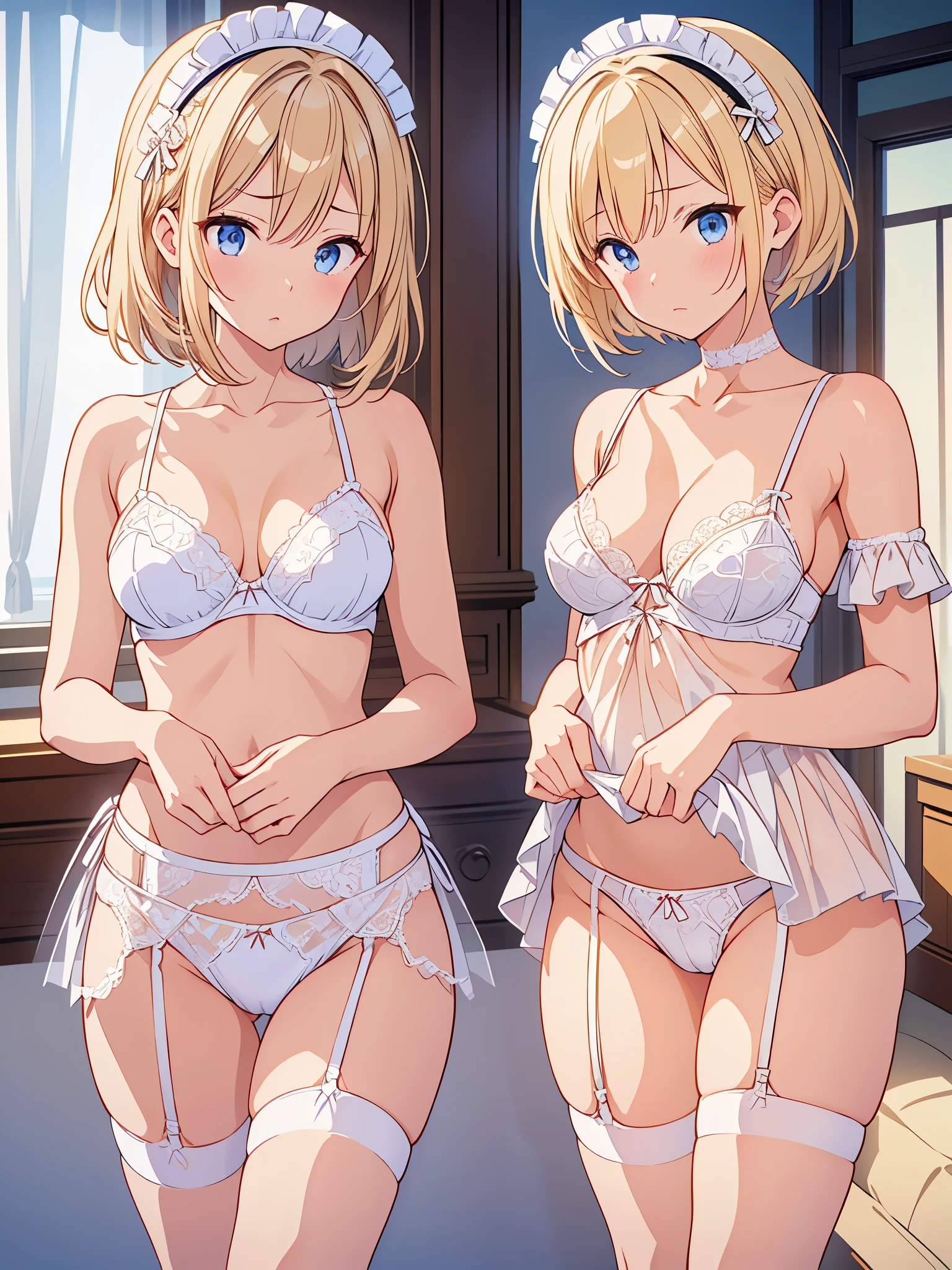 Full shot photo of the world's most beautiful artwork featuring Japanese maids, white lace bra, (((Show me your white lace lingerie))). ((panties)), garter belt, stockings, cute, shy, anger, stare, short blonde hair, blue eyes