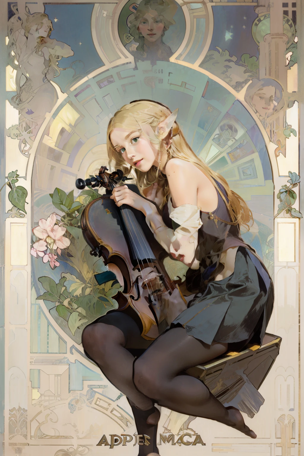 (masterpiece, best quality) detailed, Wearing black tights, silver accessories , blonde ,elegant, pointed ears ,(((Alphonse Mucha's artwork))), contour , bare shoulders, pleated skirt,night,dark night,Star,playing violin