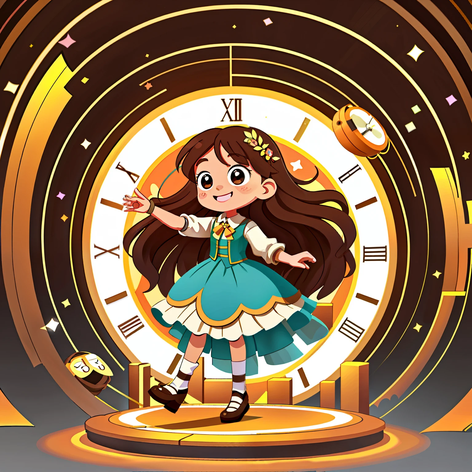 Girl with long brown hair,Put on wedding suit,in the time tunnel,Dance(with love)happy,surrounded by clocks,surrounded by love,O sign,vector,line art,design,inspiration,straight line,RHAD