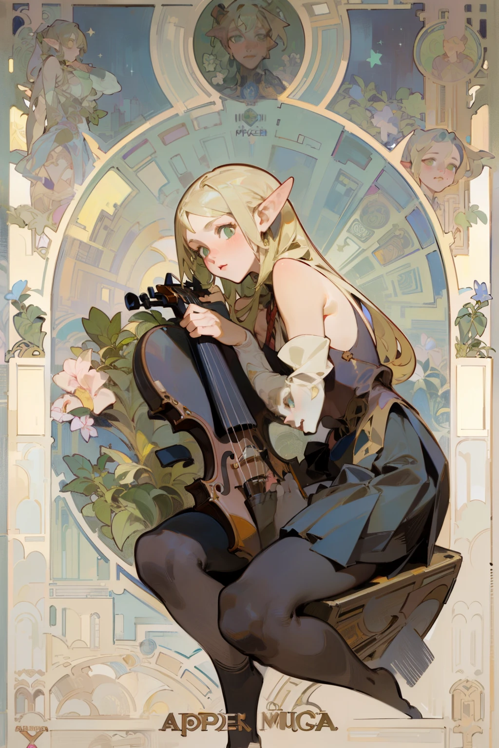 (masterpiece, best quality) detailed, Wearing black tights, silver accessories , blonde ,elegant, pointed ears ,(((Alphonse Mucha's artwork))), contour , bare shoulders, pleated skirt,night,dark night,Star,playing violin