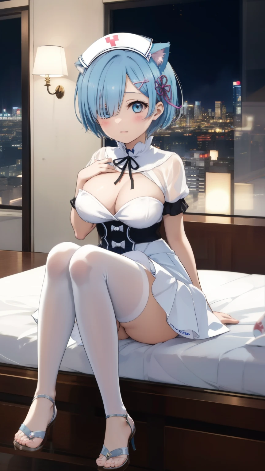 Re:Zero&#39;s Rem、light blue hair、short hair、table top、High resolution、many girls multiple girls、large crowd、lots of cute girls、big and full breasts、naughty body、See-through、throw、、whole body、Are standing、Look up at me、confused face、blush、embarrassing、Excited、white breath、black pantyhose、female shape&#39;Private parts are clearly visible、I can see your nipples、white skirt、micro mini skirt、very short skirt、hospital、hospital room、Many people々々々々、in the crowd、bare chest、show your chest、Upper grade、A lot of milk comes out from the nipples、Breast milk gushes from the nipple、white nurse uniform、cat ears nurse uniform、white one-piece nurse uniform、Bangs that cover one eye、pink hairpin、sit on bed、white sandals、white pantyhose、open your legs、open thighs、emphasize the chest、chest to chest、night viewが見える部屋、night view、cat pose