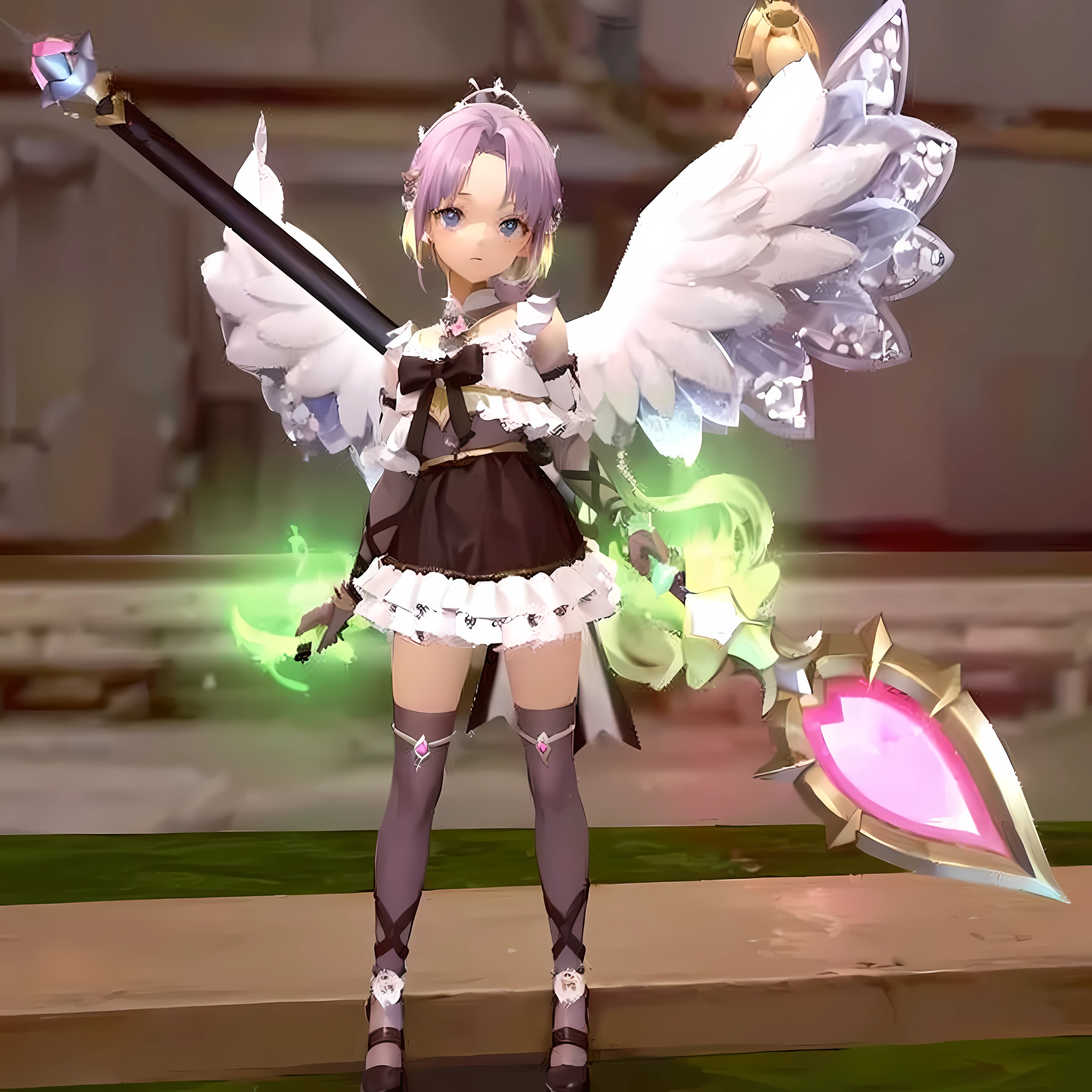 masterpiece:1.2, best quality, detailed and beautiful, a close up of a person holding a sword and a sword, angel knight girl, maple story gun girl, gear aurora, sakura kinomoto, ragnarok online, lalafell, magical fishing rod weapon, epic angel wings, young wan angel, armor angle with wing, npc with a saint's halo, full - body majestic angel, angel in plastic armor