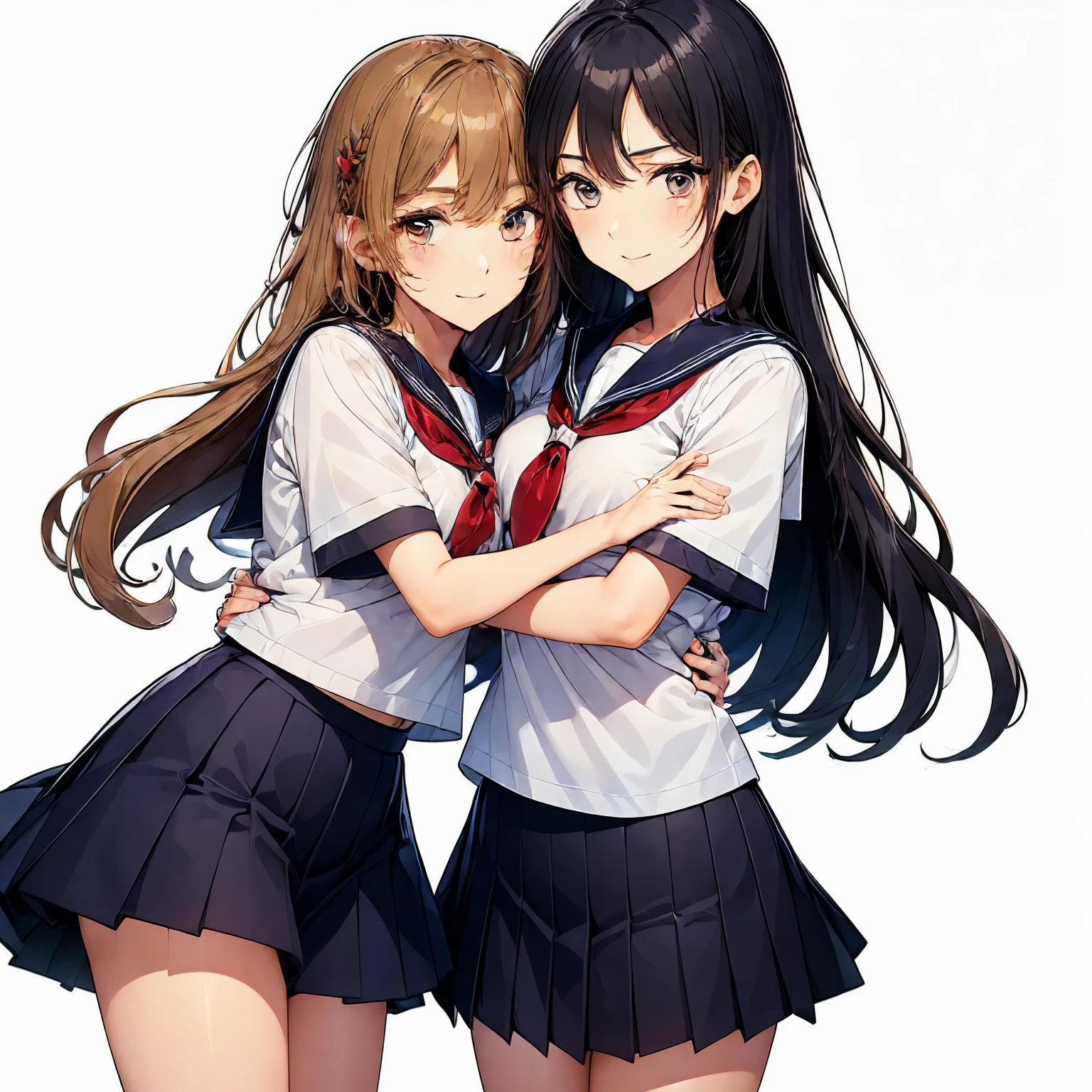 high quality,((2girls,embrace each other passionately)),chyuri,smile,Japanese high school student,short sleeve sailor school uniform,