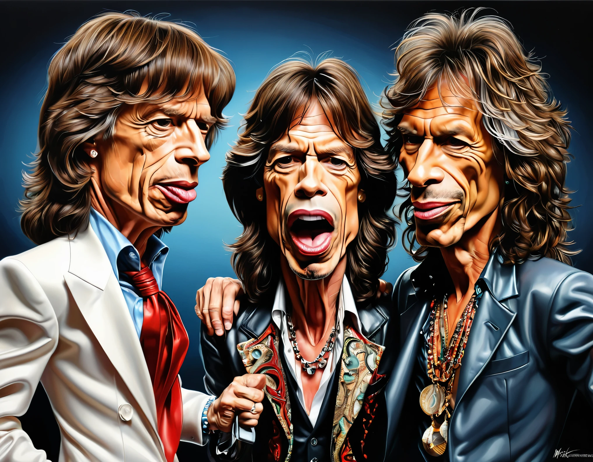 realistic drawing, abstract, caricature, 3d, masterpieces, mick jagger and steven tyler, stand against each other, realistic caricature, drawing,