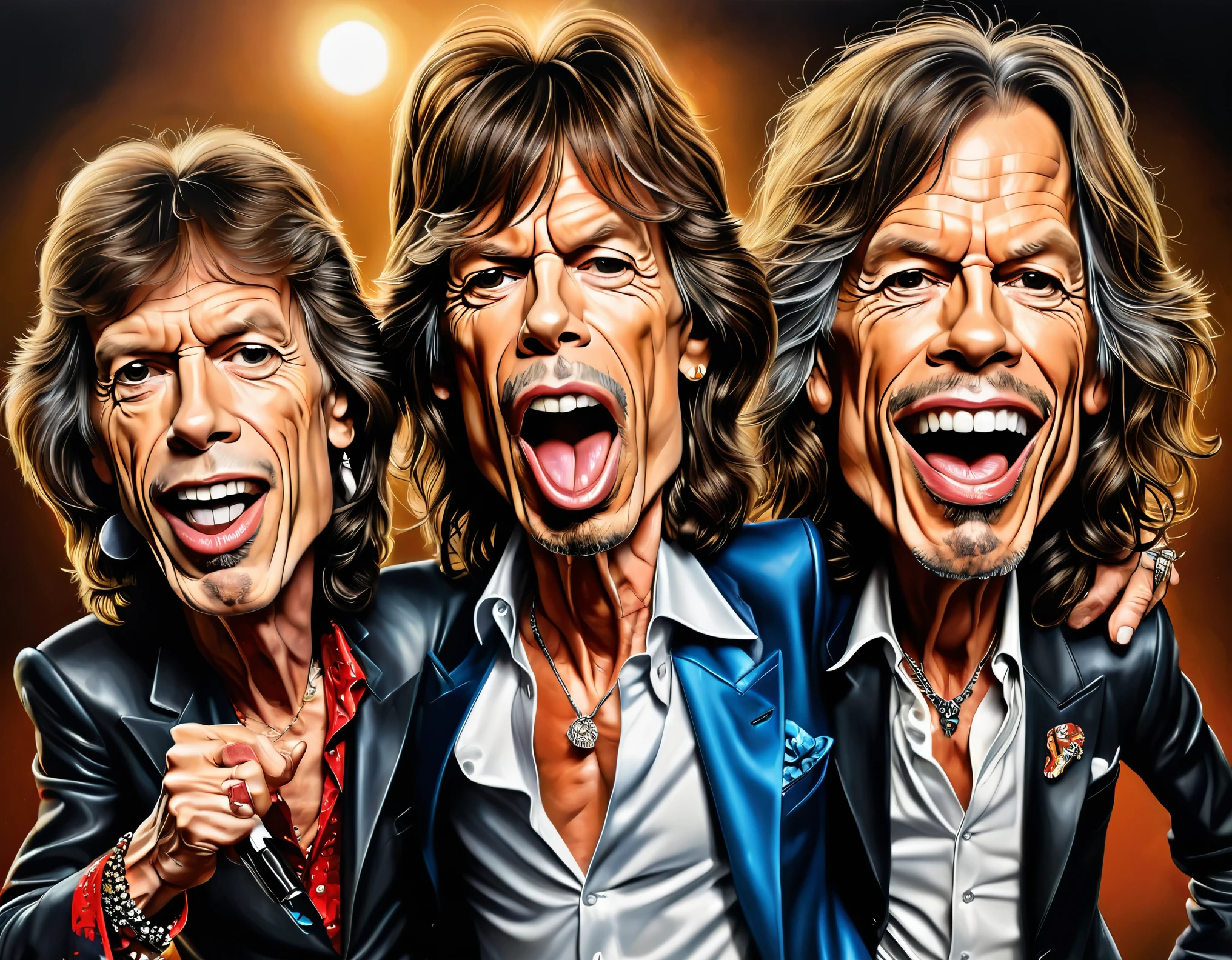 (best quality,highres,masterpiece:1.2),ultra-detailed,realistic drawing, abstract, caricature, 3d, masterpieces, (2man), mick jagger and steven tyler, stand against each other, realistic caricature, drawing,
