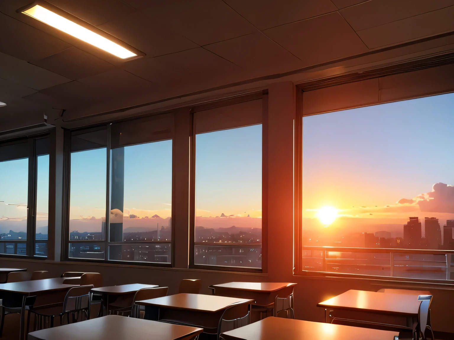 classroom illuminated by the sunset