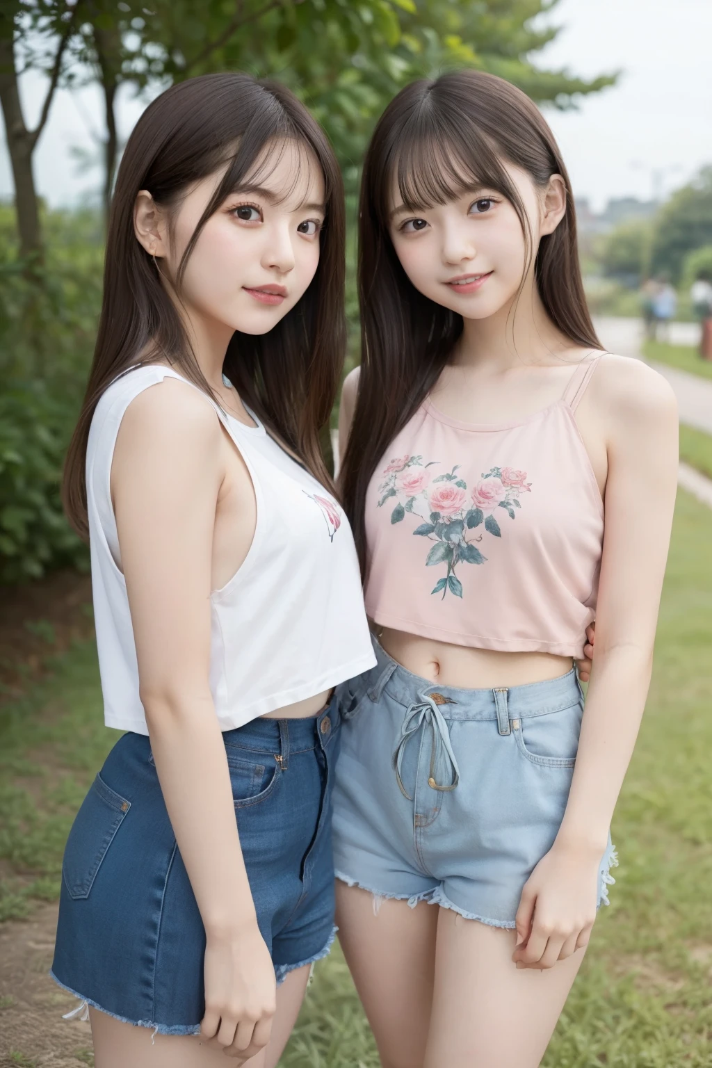 two girls, two girls, rose field、Roses、rose garden、Cute Girls, smile, cropped tank top、hair blowing in the wind、thighs, panties、8k, masterpiece, high detail, high quality, High resolution, 最high quality,