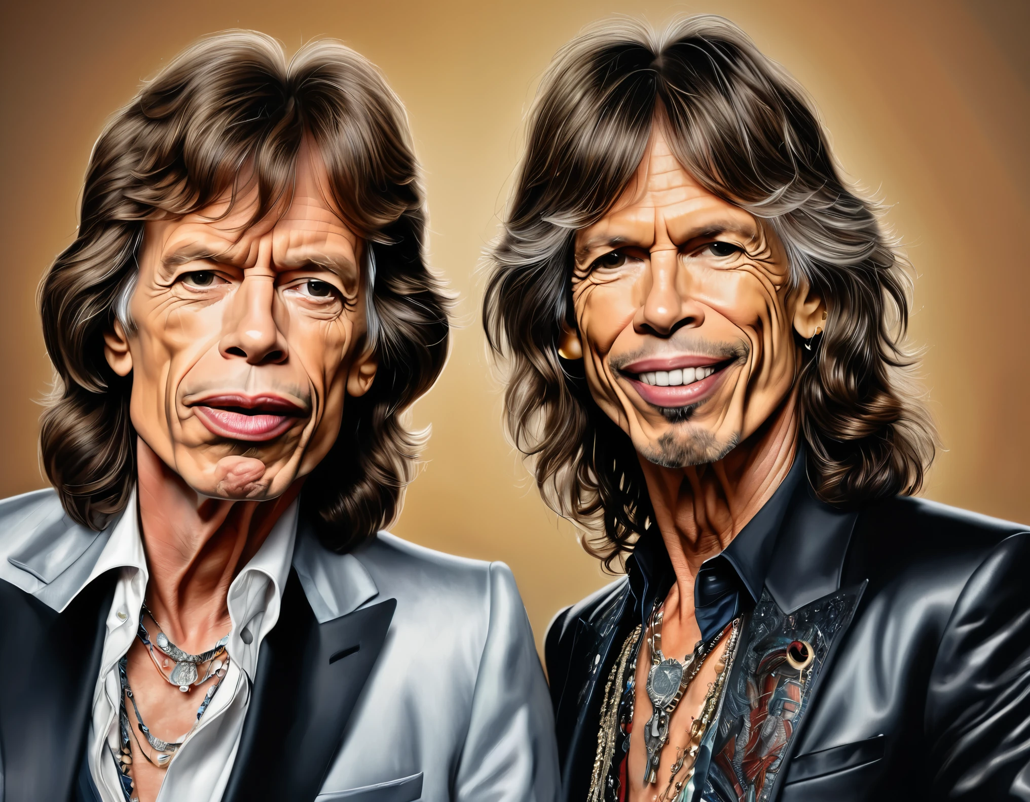 (best quality,highres,masterpiece:1.2),ultra-detailed,realistic drawing, abstract, caricature, 3d, masterpieces, (2man), mick jagger and steven tyler, stand against each other, realistic caricature, drawing,