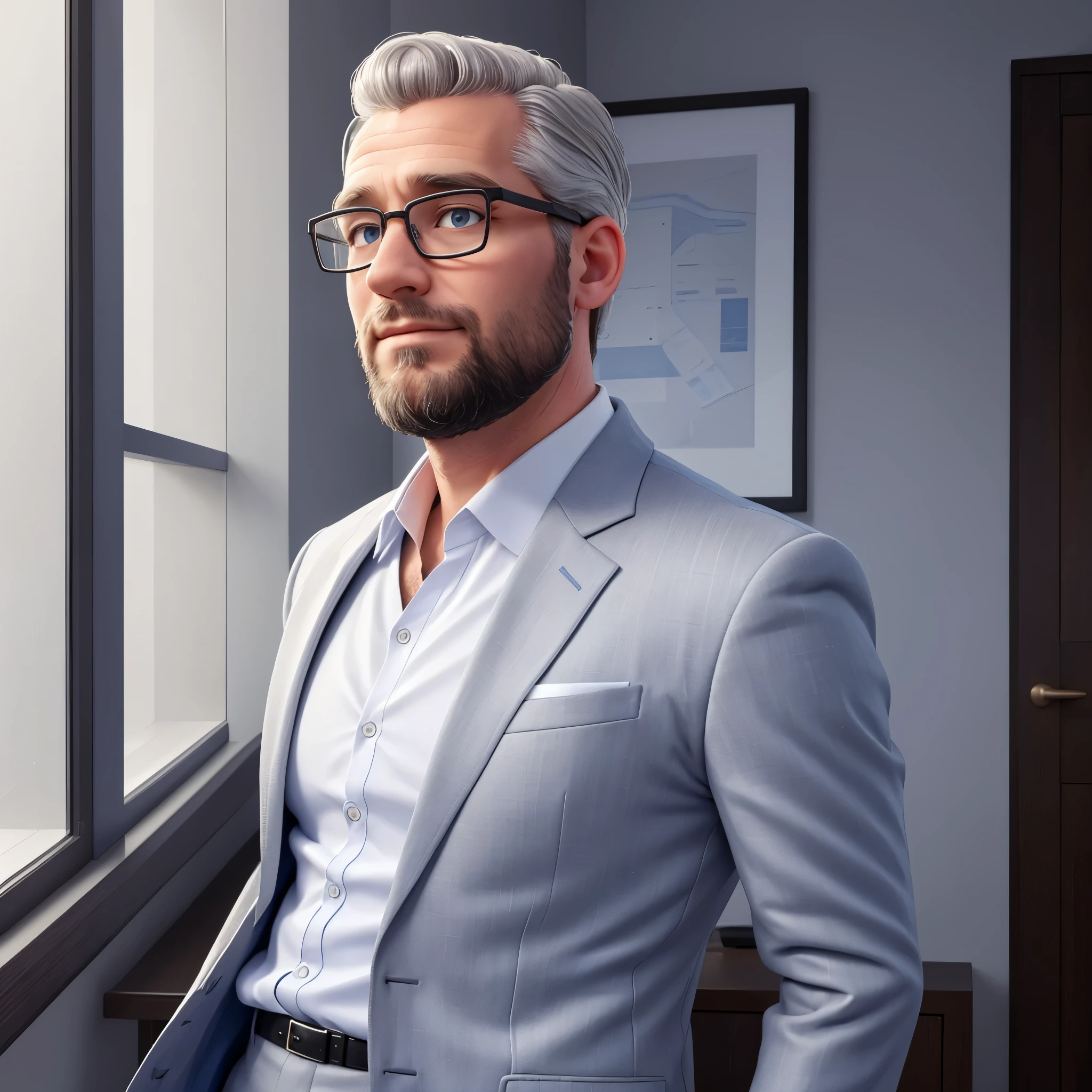 (highres, professional, realistic:1.2), portrait of a 40-year-old Caucasian banker with a small beard, distinct grey hair, and glasses, dressed in a sleek blue suit complemented by a crisp white shirt.