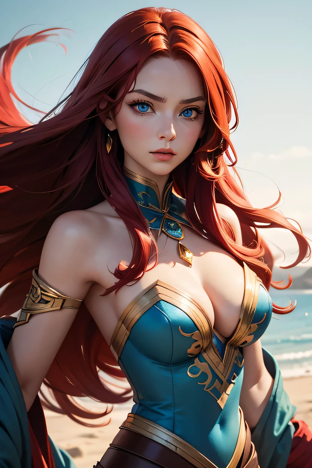 Character concept: a human woman dressed in rich clothes. a representative of the northern culture. long red hair, blue eyes
