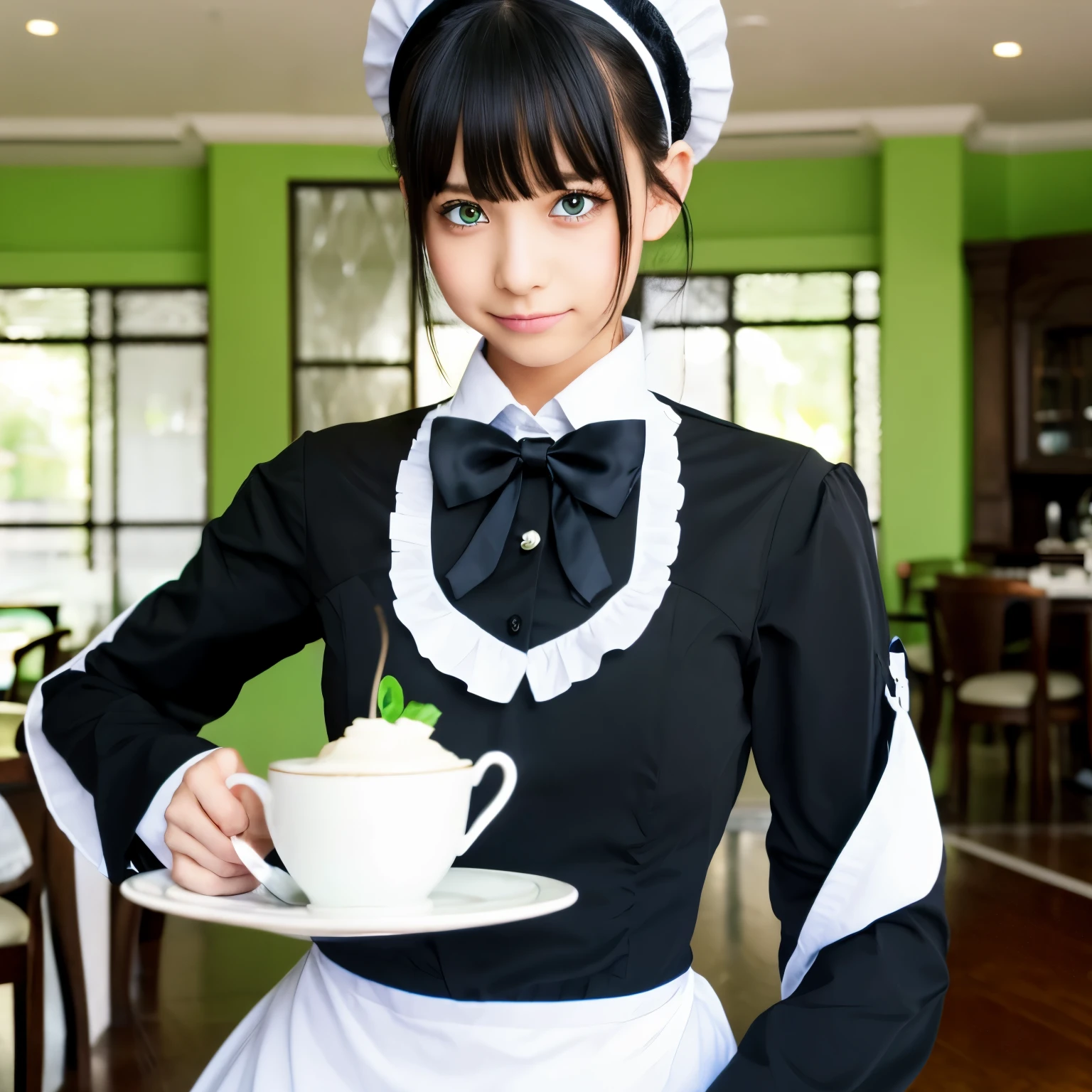 A cafe where a black cat wearing a black butler uniform serves as a waiter. High resolution A black cat's eyes are odd green and blue eyes.
