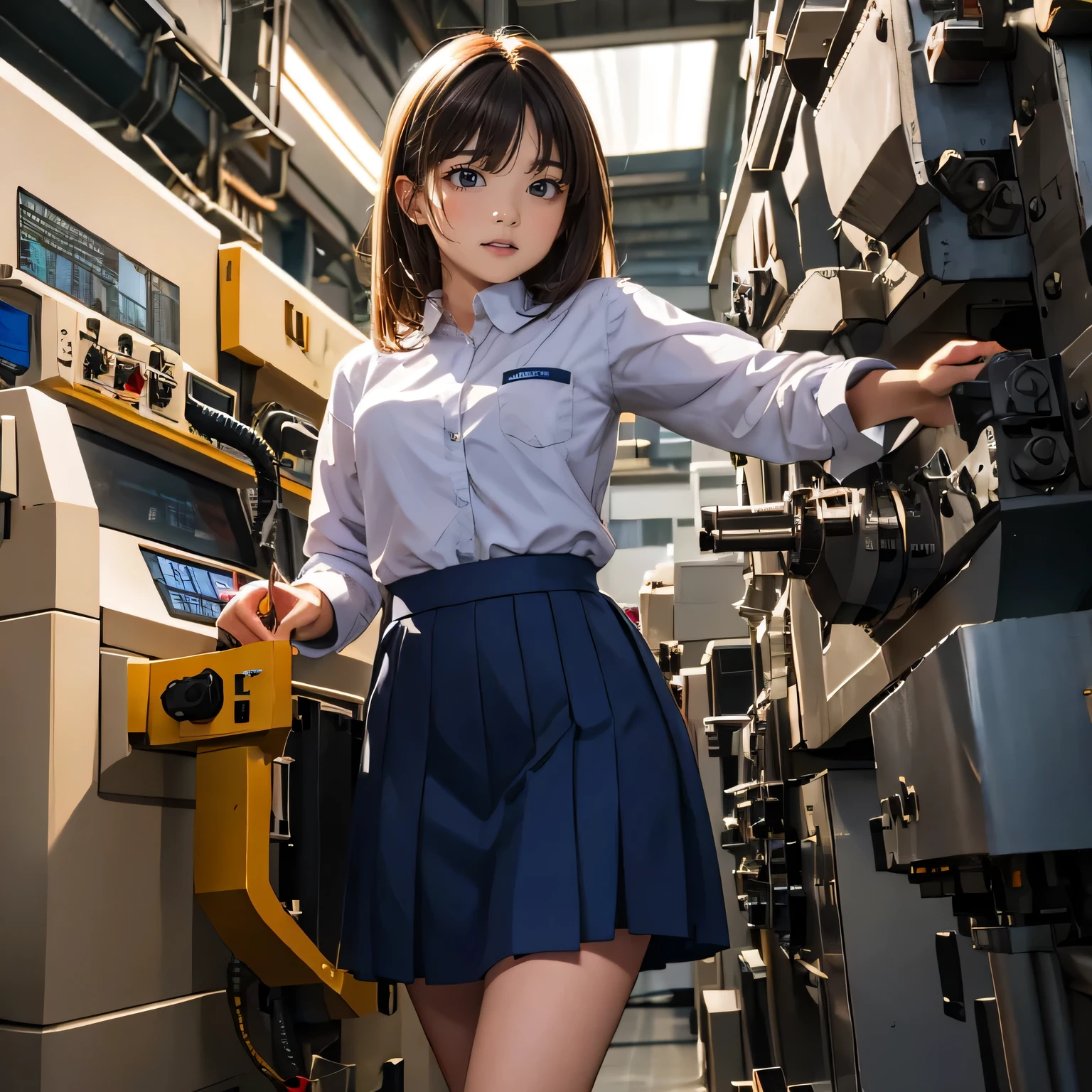 high definition images, atmospheric perspective, 8k, super detail, accurate, best quality, anime background, focus on panties, shirt, long skirt, factory clerk, uniform jacket, nameplate, in the giant factory, welding, lathes, CNC machines, machining-center, touching crotch,