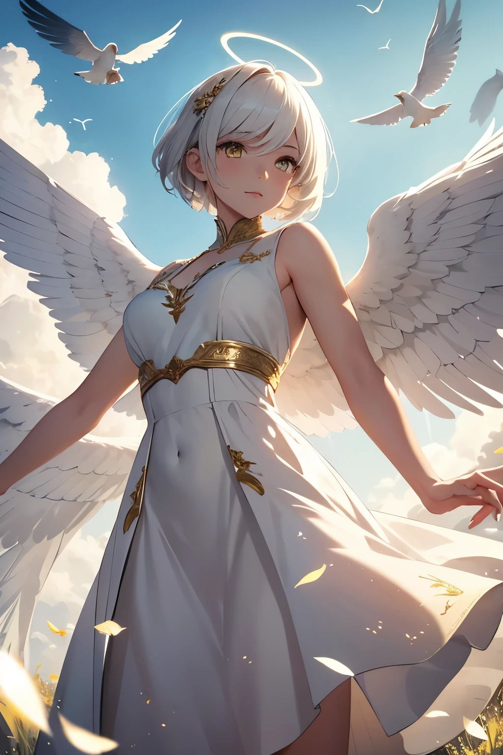Masterpiece, highres, 8k, Solo, angel, female, mature, short hair, white hair, yellow eyes, white dress, white skirt, wings, halo, golden, white, sky, birds, feathers, ray trancing