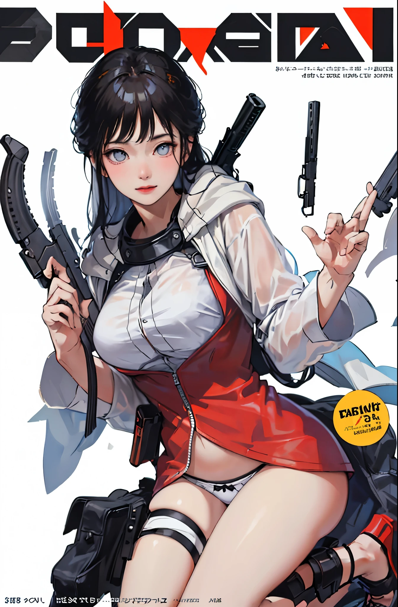 (masterpiece:1.2, highest quality), (very detailed:1.3), (magazine cover), 1 girl,  generations, big breasts, (transparent panties), (good transparency),  (hold the gun to one side&#39;mouth), strict, white background,