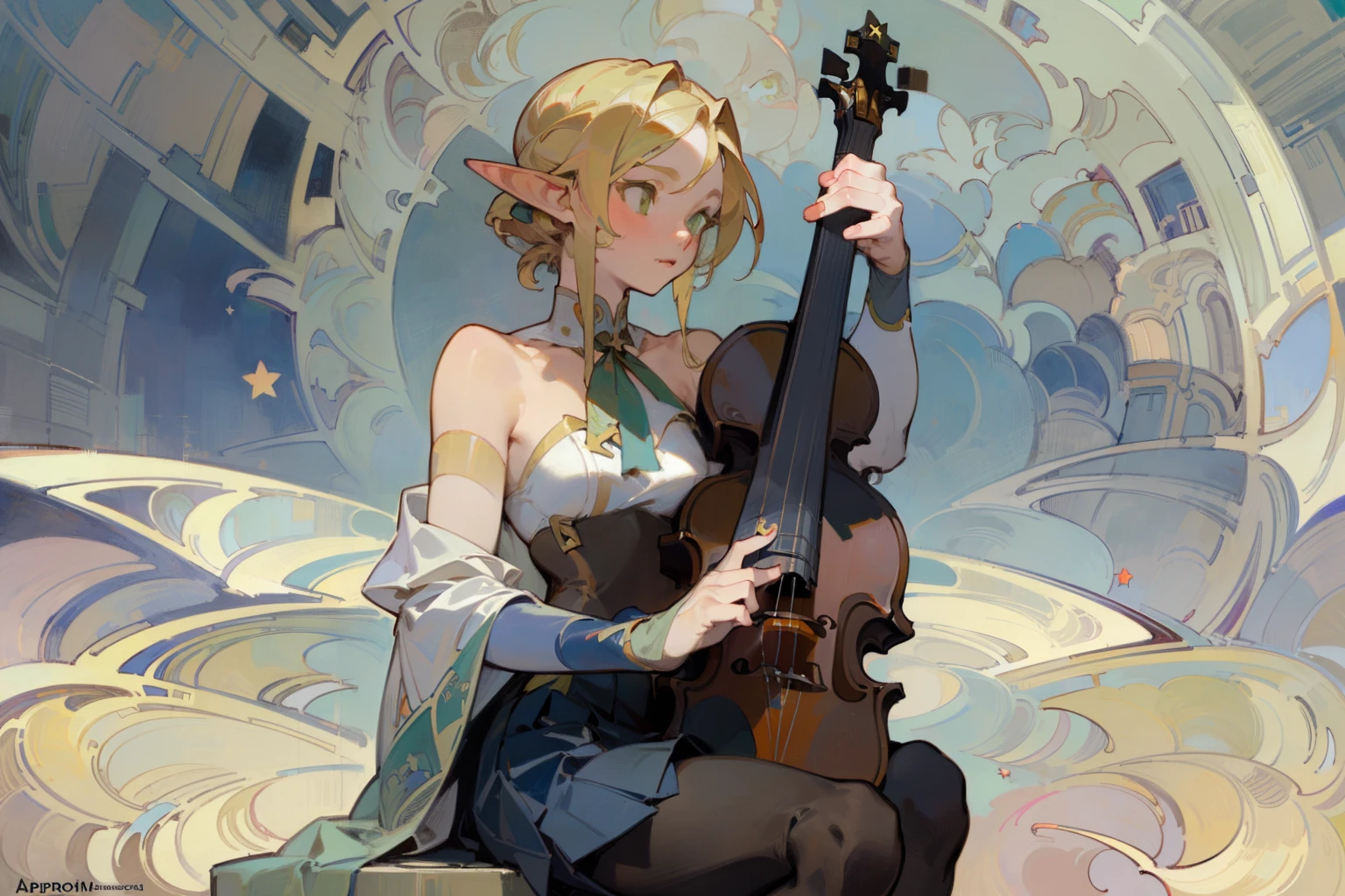 (masterpiece, best quality) detailed, Wearing black tights, silver accessories , blonde ,elegant, pointed ears ，(((Alphonse Mucha&#39;s artwork))), contour , bare shoulders, pleated skirt，night，dark night，Star，playing violin
