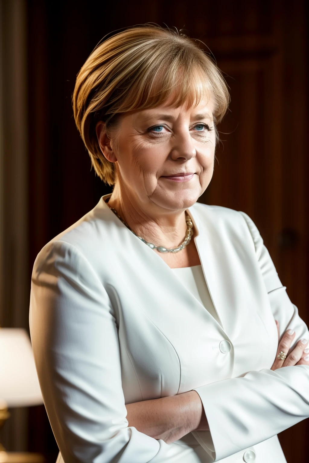 Angela Merkel, the German Chancellor, poses for a photoshoot in an unexpected setting. She stands in a dimly lit room, bathed in volumeric lighting. Her hair, usually tightly pulled back in a bun, is now slicked back, shimmering with oil. Her eyes are closed, a contented smile playing on her lips. The image is high resolution, captured with a Canon 5D Mark IV in 4k, producing the highest detail and exceptional quality. The chancellor wears a simple white blouse, the sleeves gently rolled up on her forearms. Her body language exudes confidence and strength, a testament to her leadership abilities. This is an artistic