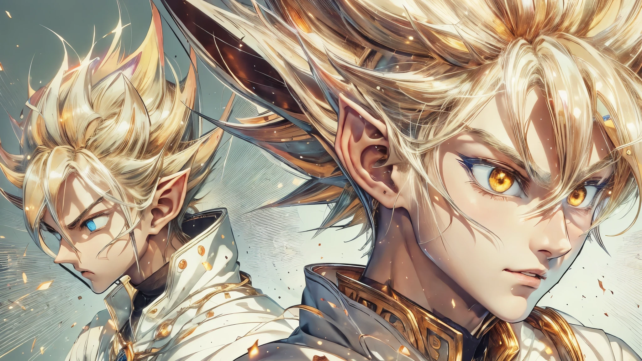 (master piece), 8k, best quality, elf boy, naive, male, teenager, 14 years old, 1.70 meters tall, white skin, thin body, pointed elf ears, beautiful finely detailed silver eyes, high forehead, spiky yellow blonde hair like Gohan from the anime dragon ball (super sayajin), Incredibly handsome, conservative elven outfit, a little nervous with fear, being questioned,