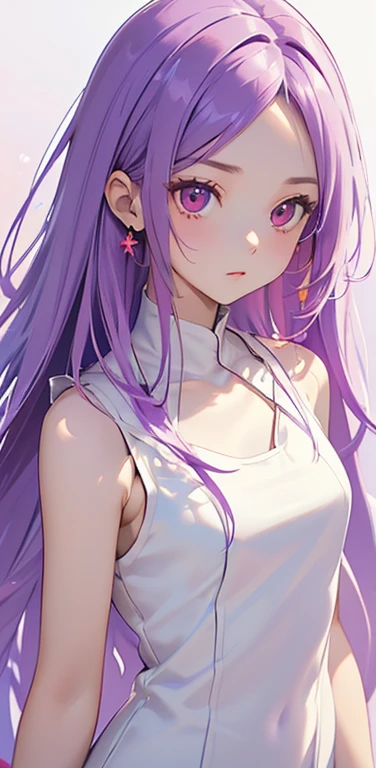 (8K、highest quality、masterpiece:1.2)、anime coloring、super resolution、Realistic、(1girl)  、(purple gradient hair)、long straight hair,(red eyes)、(forehead:1.2),(face focus,upper body),(white sleeveless dress :1.5)、(clear face:1.3),(cute face)、,small breasts,colorful gradient background