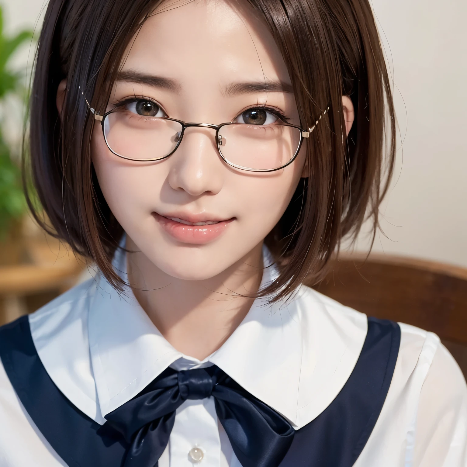 (highest quality、table top、8k、best image quality、Award-winning work)、1 personの可愛い女子高生、1 person、alone、、close up of face、shiny口紅、shiny, super high detail lips、 alone、most realistic、Hyper-detailed depiction、detailed face、close up of face、Shining ultra-high definition skin、white high school uniform shirt made of polyester、The most natural real high school uniform、beginner girl、look at me、Premonition of romantic love、Moist and sparkling eyes、uniform ribbon on chest、straight short hair、Beautiful smooth berry short hair、The most detailed super high detail short hair、(Classy glasses:1.1)、The background is refreshing colors and the scenery of youth...、Blurry park background、look at me恥ずかしい微笑み、cute smile、(close up of face:1.4)、Super higfinition sparkling eyes、ultra high definition hair、超高解像度のshiny唇、Super high resolution perfect teeth、Super high resolution cute face、shy smile、white teeth