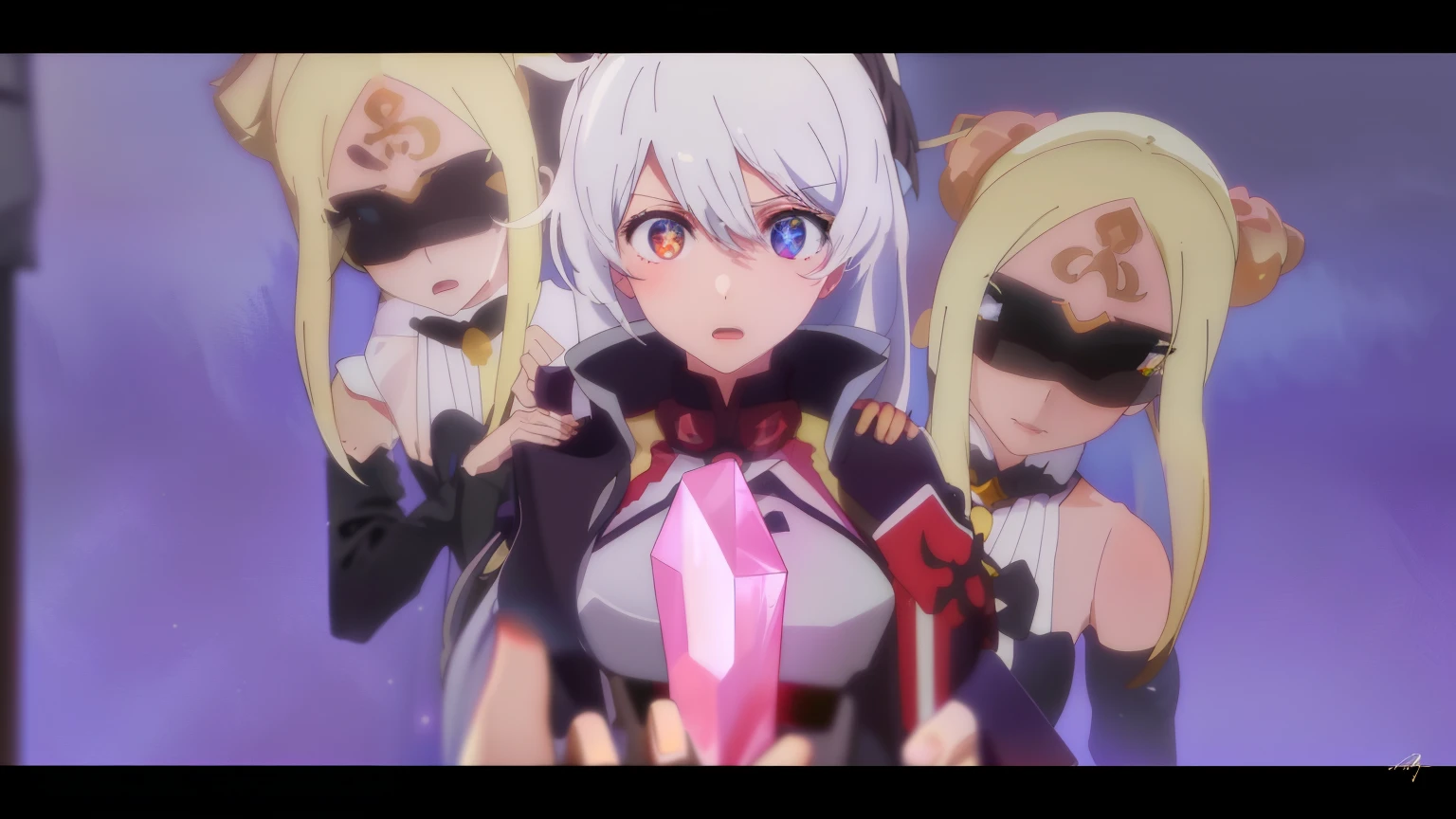 (best quality,highres,realistic:1.37),portraits,anime,black and white,characters,detailed,shocked expression,white dress,anime eyes,long hair,sparkling pink gems