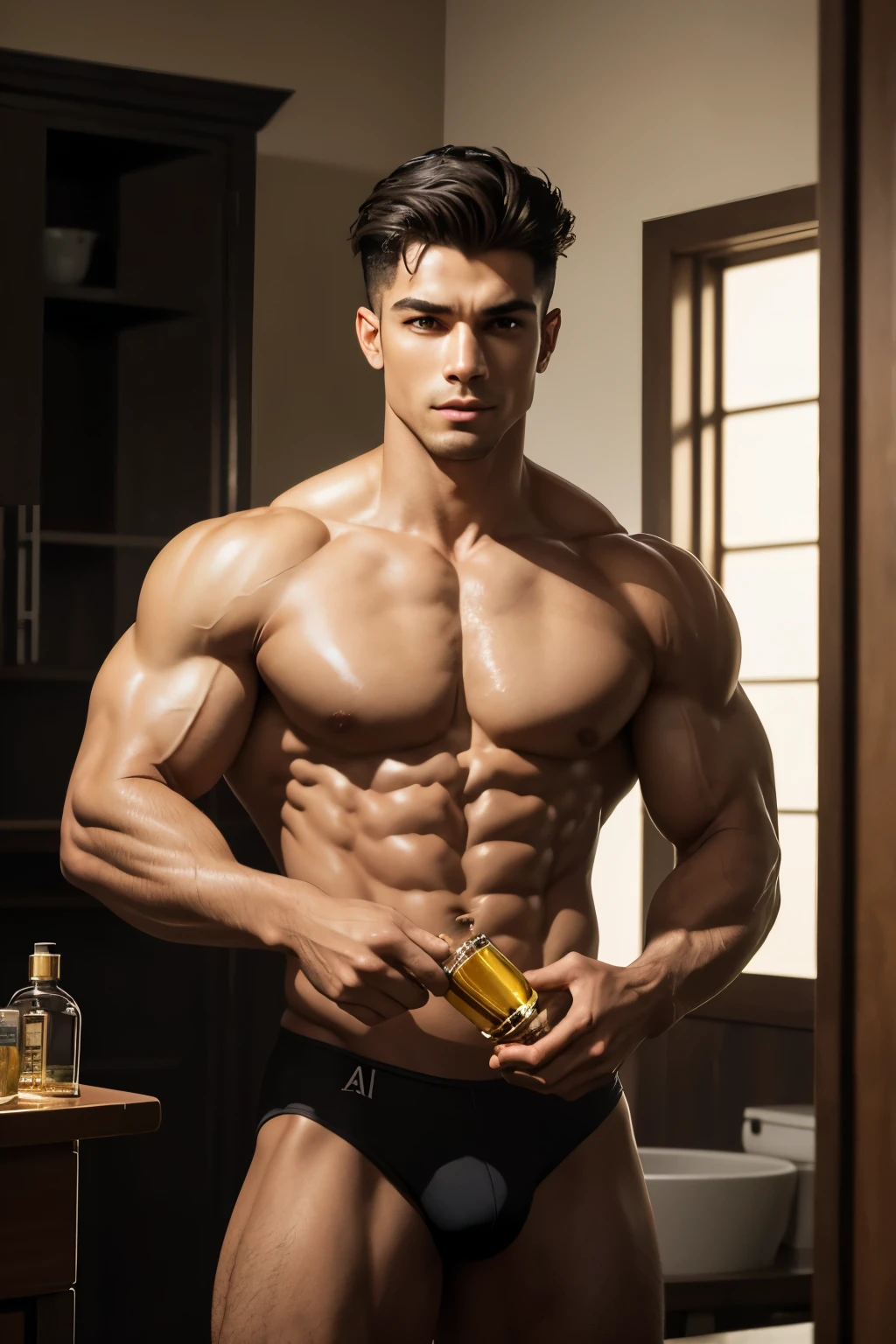 Anthony, with his toned and sculpted physique, stood before the full-length mirror in the dimly lit room. He ran his hands over his chest, tracing the lines of his muscles, before reaching behind him to grab the bottle of oil. With a lustful gleam in his eyes, he poured the oil into his palm and began to massage it into his body. The oil glistened on his skin, making every ripple and contour visible under the soft light. His muscles danced and rippled as he moved, each movement accentuating his masculine allure. The room filled with the scent of the oil, adding to the sensual atmosphere. Anthony's body shimmered, reflecting