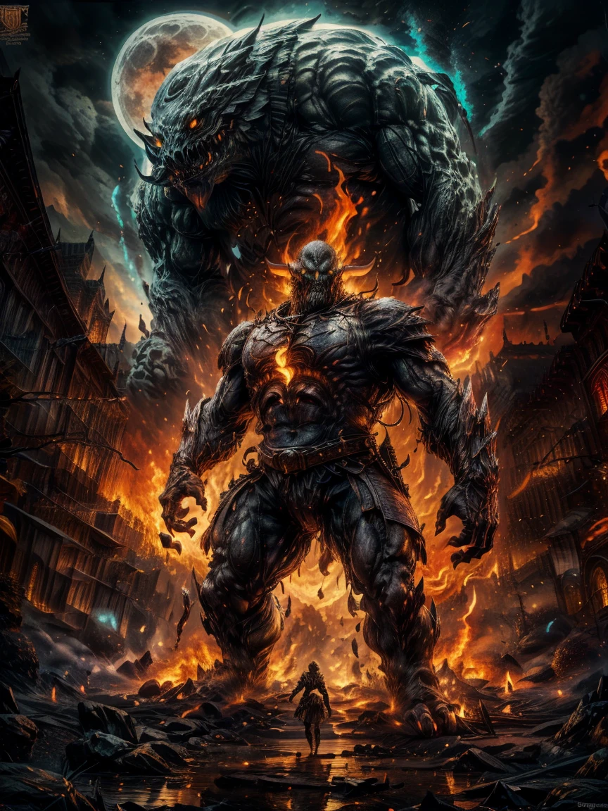 fantasy art,RPG art,((1 Giant Creature)), Standing in the town square of Elf City, There's a giant creature of epic size,Giant creatures have magic runes on them,Many streams of water entwine in the fire,Giant Creature和火与水流结合在一起,night,moon rising,lifelike,8k,RAW,Award-winning,(best details:1.5),masterpiece,best quality,(Ultra-detailed),whole body,ultra wide angle lens,Fantz cartoon monster