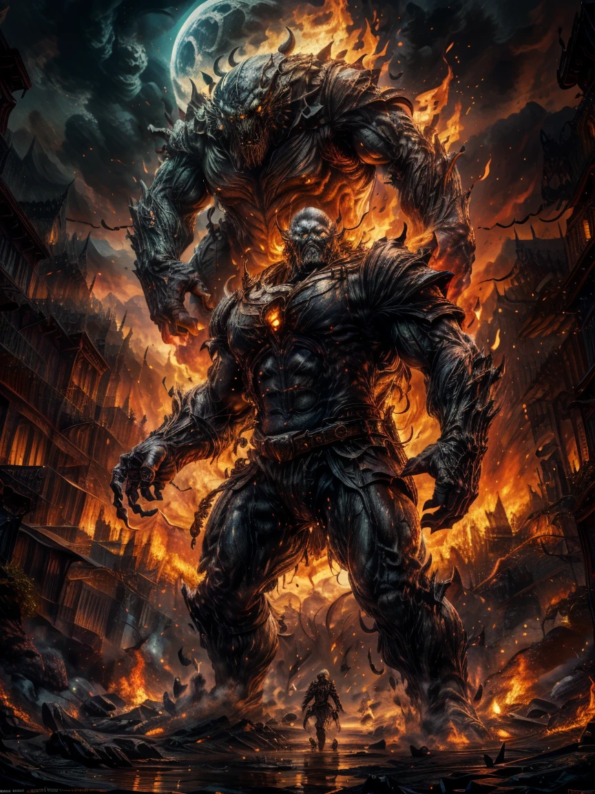 fantasy art,RPG art,((1 Giant Creature)), Standing in the town square of Elf City, There's a giant creature of epic size,Giant creatures have magic runes on them,Many streams of water entwine in the fire,Giant Creature和火与水流结合在一起,night,moon rising,lifelike,8k,RAW,Award-winning,(best details:1.5),masterpiece,best quality,(Ultra-detailed),whole body,ultra wide angle lens,Fantz cartoon monster