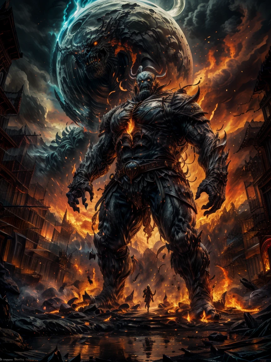 fantasy art,RPG art,((1 Giant Creature)), Standing in the town square of Elf City, There's a giant creature of epic size,Giant creatures have magic runes on them,Many streams of water entwine in the fire,Giant Creature和火与水流结合在一起,night,moon rising,lifelike,8k,RAW,Award-winning,(best details:1.5),masterpiece,best quality,(Ultra-detailed),whole body,ultra wide angle lens,Fantz cartoon monster