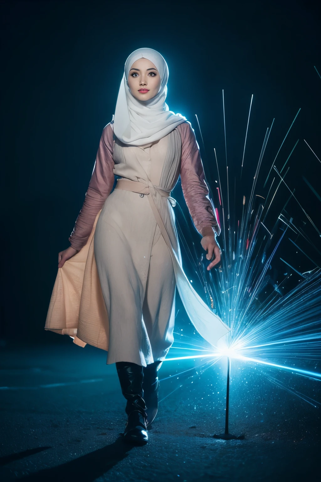 colorful oriental dancer, Cyberpunk, Javanais, (((hijab))), clivage, reflection of light, clair-obscur, profondeur de champ, cinema lighting, Laser trace, Sony FE GM, UHD, Great detail, chef-d'artwork, textured skin, High details, best quality, prime,3D,HDR(Plage dynamique élevée),Laser trace,NVIDIA RTX,Hyper-resolution,Unreal 5,Diffusion souterraine、Texture PBR、post-traitement、Filtrage d'anisotropie、profondeur de champaximum definition and sharpnesany-Layer Textures、Albedo and specular maps、Coloration des surfaces、Rendu d'octane precise simulation of light-material interactions、Two-tone light、grande ouverture、ISO faible、Balance des blancs、the rule of thirds、8K raw data