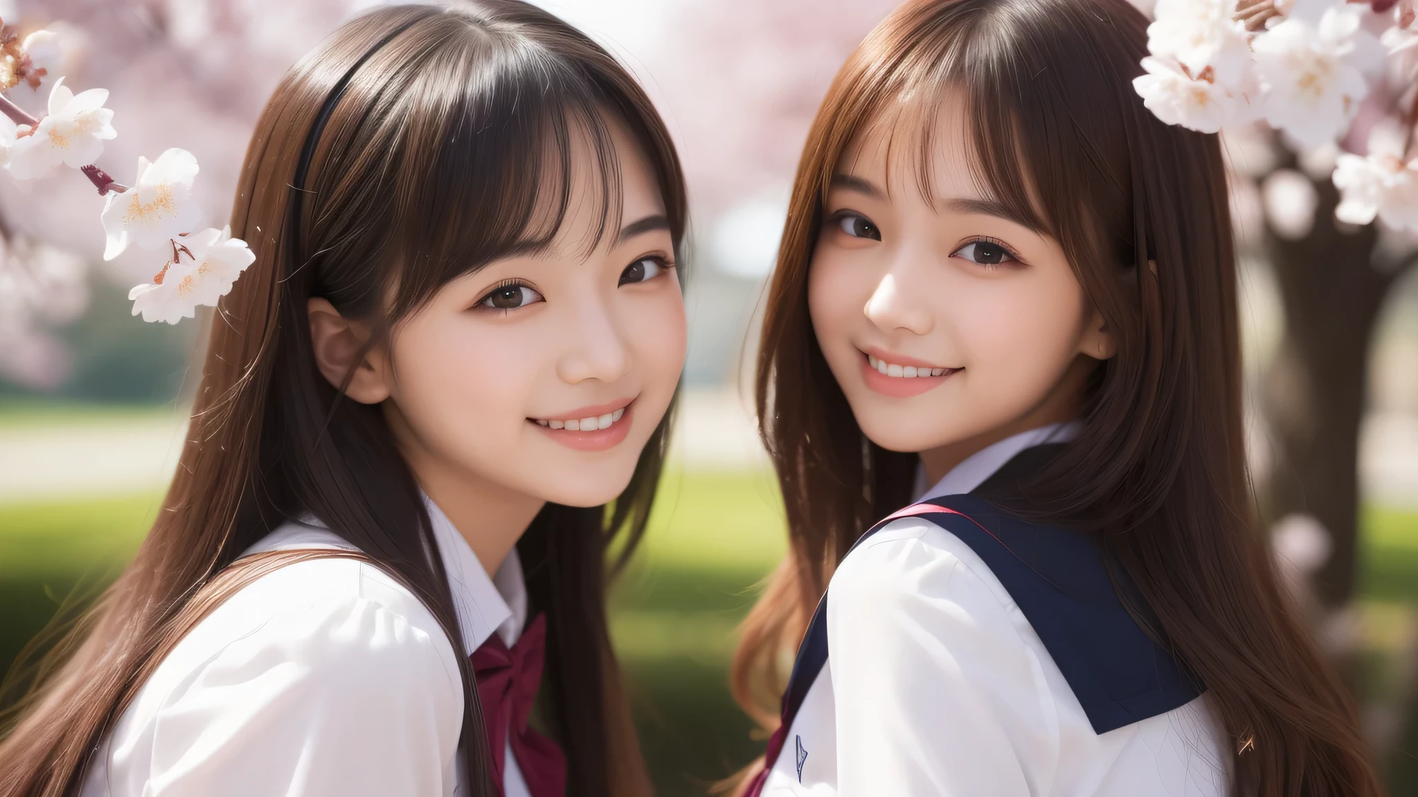 (2 girls:1.2), incredibly beautiful face, enchanting smile, (school uniform, mini skirt:1.2), (highest quality: 1.4), (Super detailed), (highest quality:1.4), (super detailed), evening, very high resolution, (Upper body), close up face, cherry blossoms,