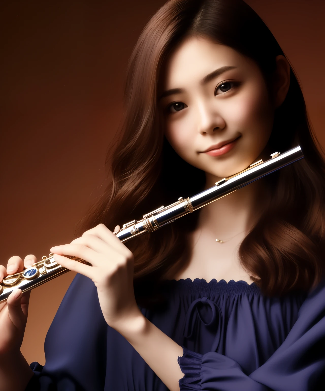 Flutist, Japanese female 22 years old, one person, chiaroscuro, surrealism, dark blue simple design dress, The background is a warm color gradation, that person is clear, detailed face, fine instruments, smile