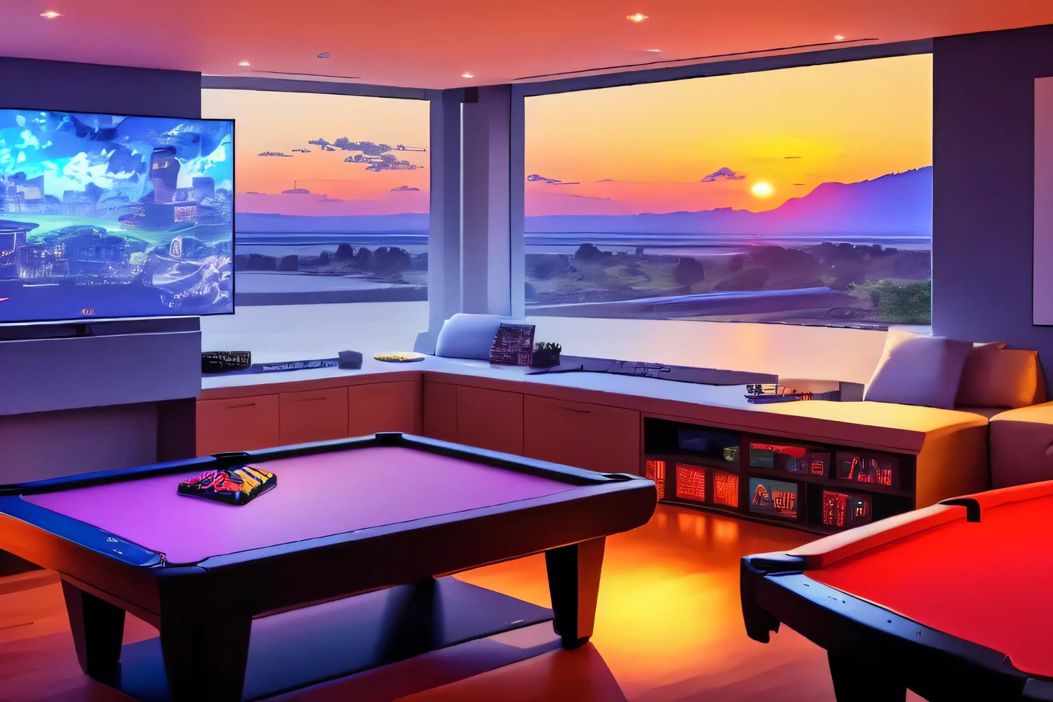 hestyle inside view of gaming room at evening