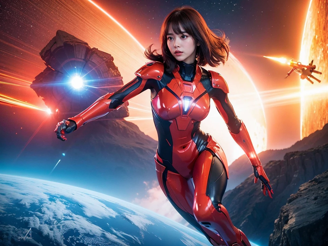 (RAW photo, highest quality), (realistic, Photoreal:1.3), 1 girl、realisticbody、strawberry battle suit costume、Pyramid-shaped UFO flying from space、avoid missiles、action pose