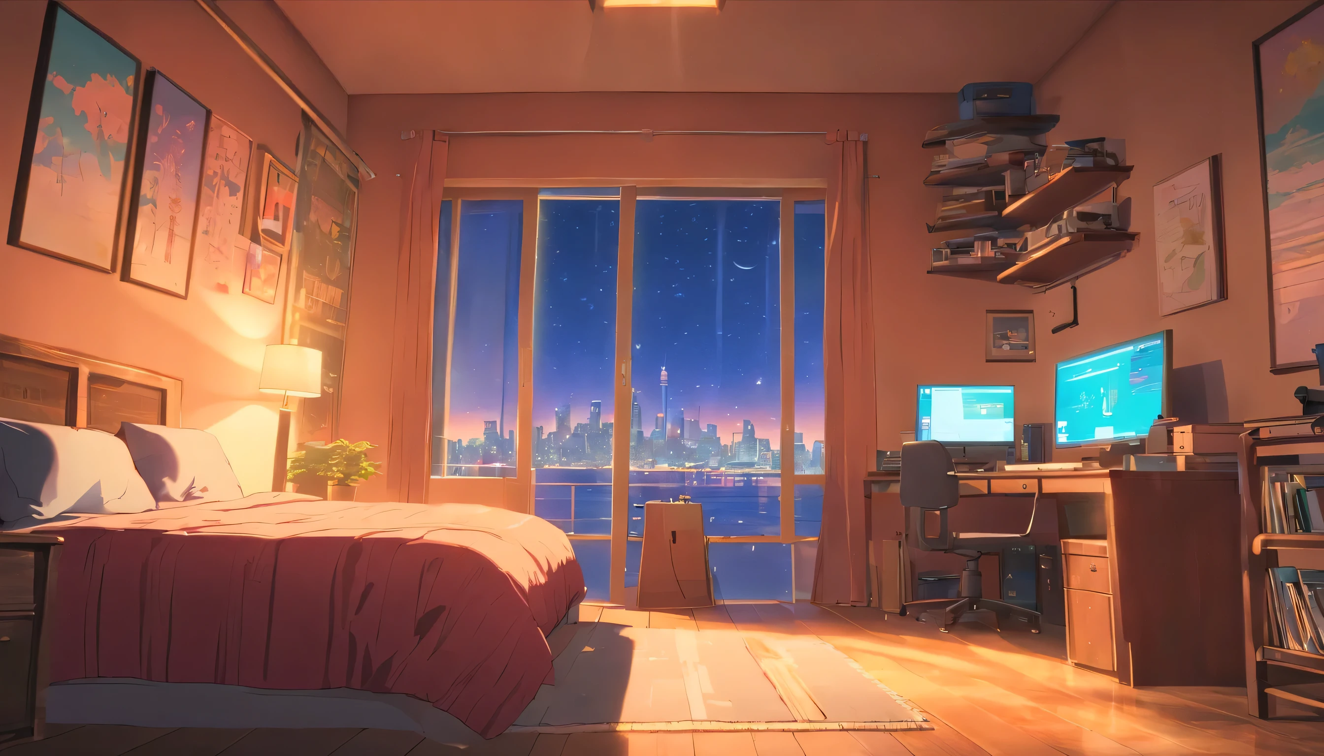 3d animation cinematic still of a cozy room, big windows with city view at early morning, stars on the sky, crested moon, melancholic, sad vibes, bed is unmade, computer desk, cluttered with the mismatched furniture, The otaku style posters on the walls and the guitar in the corner, vaporwave
