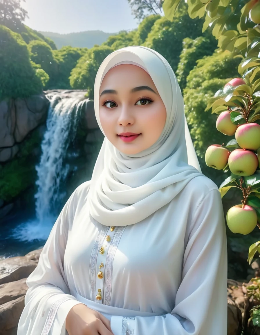 Ultrarealistic very detail raw photo of @bundamayla wear white hijab and long dress while pickup apple from tree, fairy garden and waterfall in background, vivid color, hdr, 8k