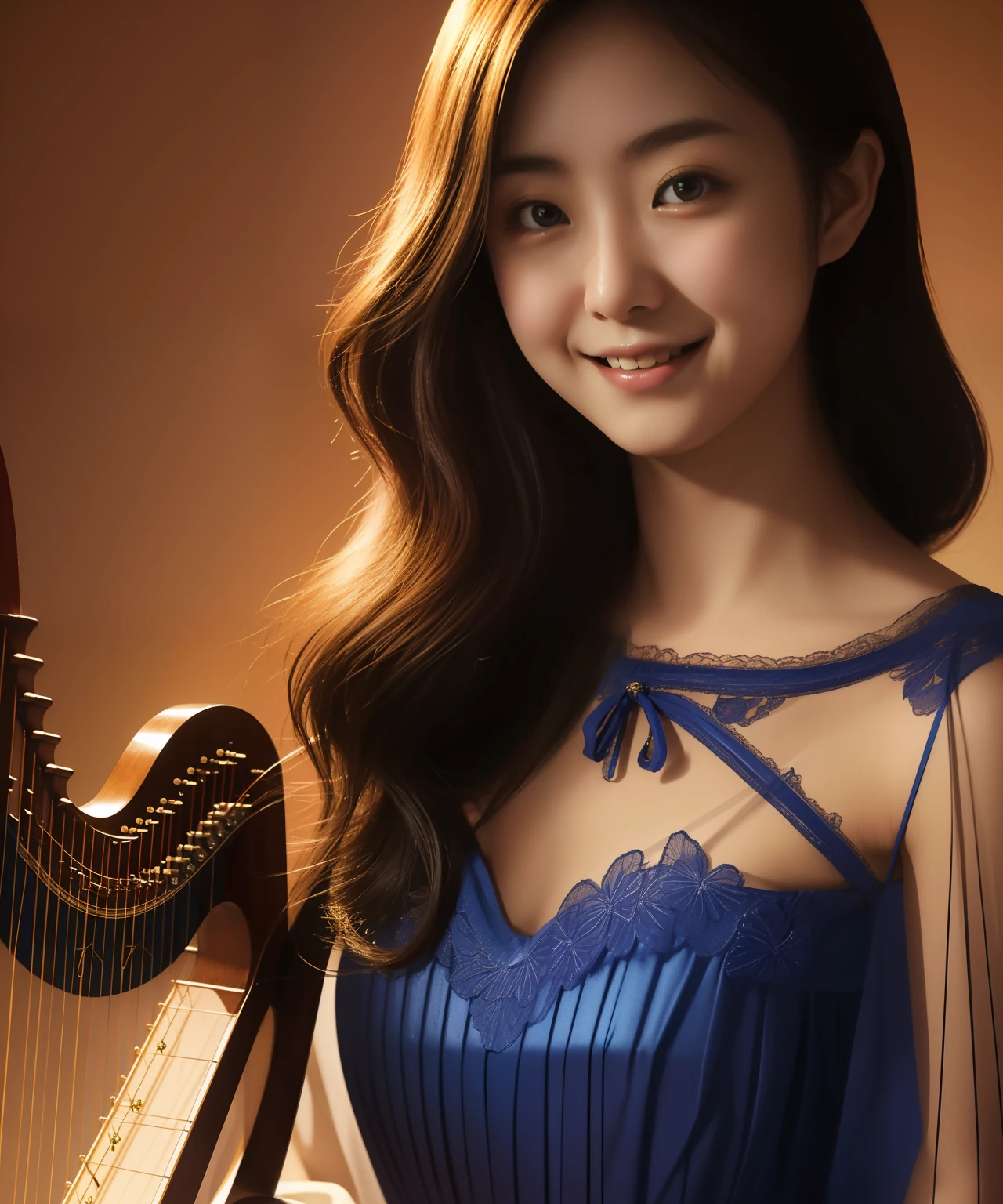 harp player, Japanese female 22 years old, one person, dark blue simple design dress, surrealism, chiaroscuro, The background is a warm color gradation, that person is clear, detailed face, fine instruments, smile