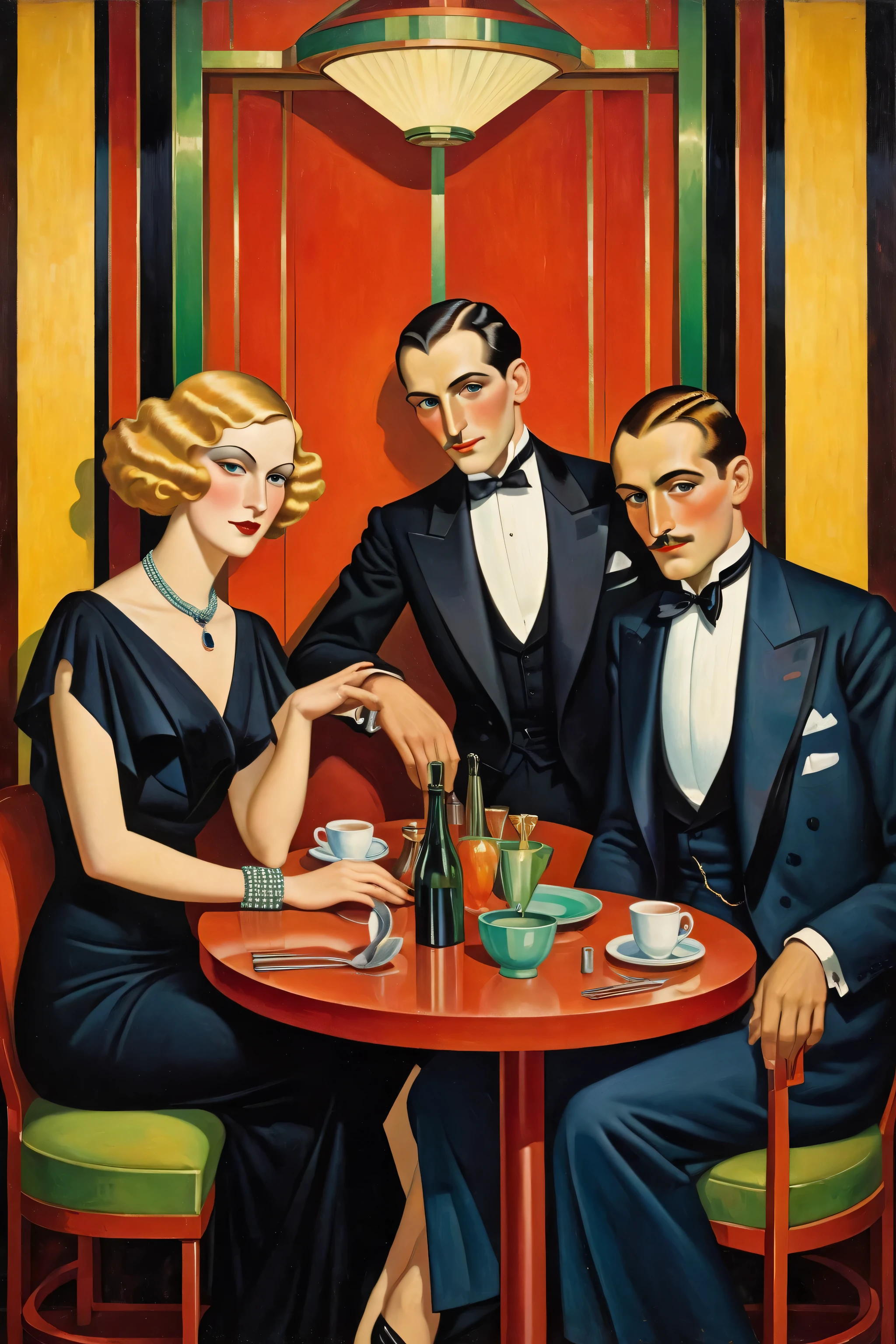 painting of a man and woman sitting at a table with a man in a tuxedo, art deco painting, stylised painting, art deco portrait, by Jean Metzinger, an art deco painting, by Fernand Pelez, art deco illustration, inspired by Moïse Kisling, group of people in an elevator, georgy kurasov, bauhaus style painting, woman with blong hair und curls