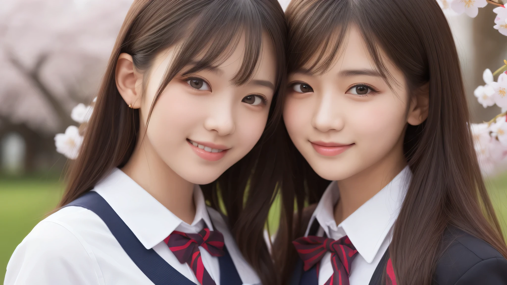 (2 girls:1.2), incredibly beautiful face, enchanting smile, (school uniform, mini skirt:1.2), (highest quality: 1.4), (Super detailed), (highest quality:1.4), (super detailed), evening, very high resolution, (Upper body), close up face, cherry blossoms,